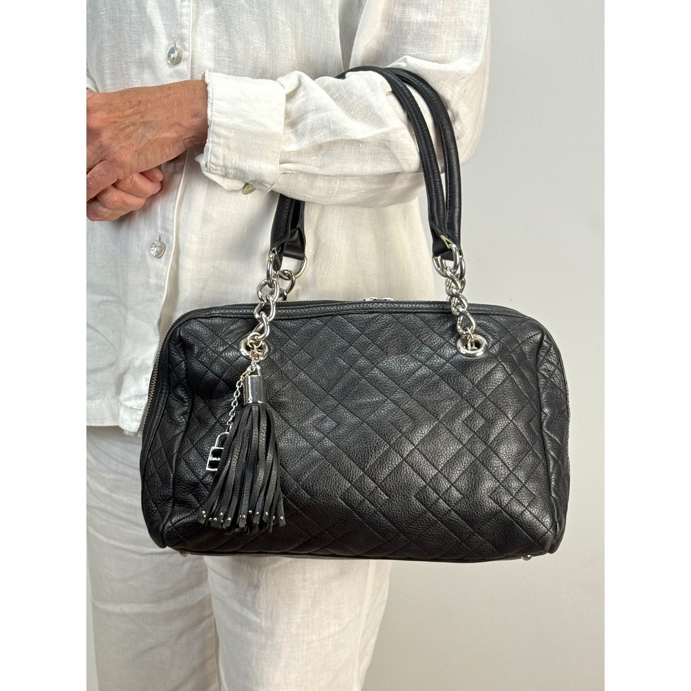 Calvin Klein Black Quilted Leather Satchel Bag Silver Chain Tassel Charm Handbag